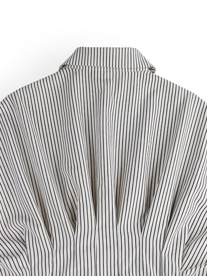 Collared Striped Pleated Bat Sleeves Peplum Blouse