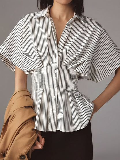 Collared Striped Pleated Bat Sleeves Peplum Blouse