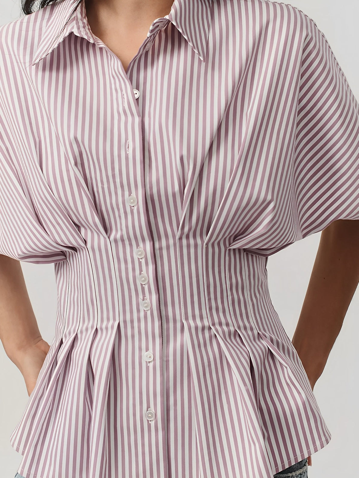 Collared Striped Pleated Bat Sleeves Peplum Blouse