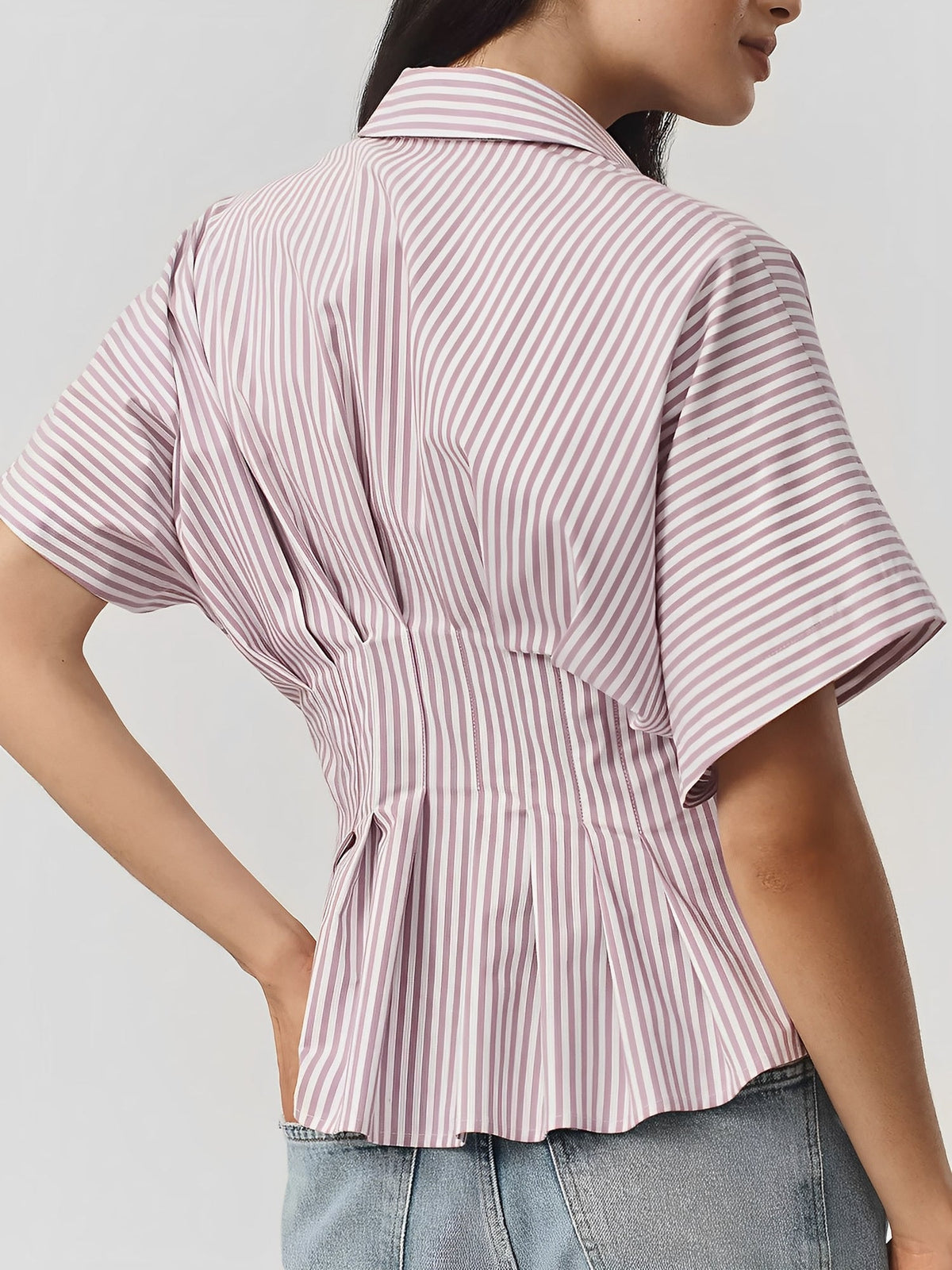 Collared Striped Pleated Bat Sleeves Peplum Blouse