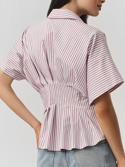 Collared Striped Pleated Bat Sleeves Peplum Blouse