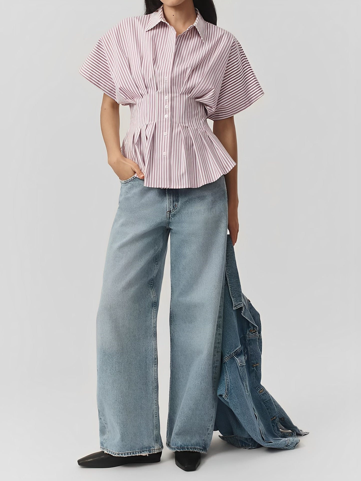 Collared Striped Pleated Bat Sleeves Peplum Blouse