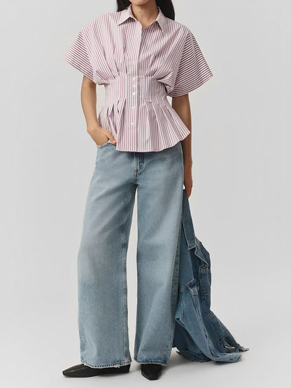Collared Striped Pleated Bat Sleeves Peplum Blouse