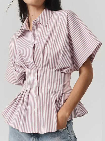 Collared Striped Pleated Bat Sleeves Peplum Blouse