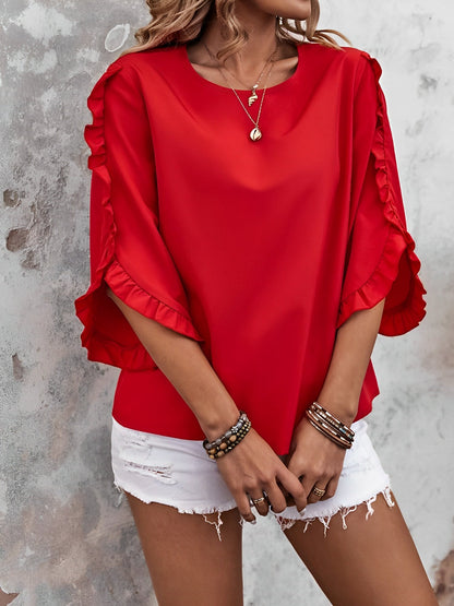 Round Neck Ruffled 3/4 Sleeve Solid Color Blouse