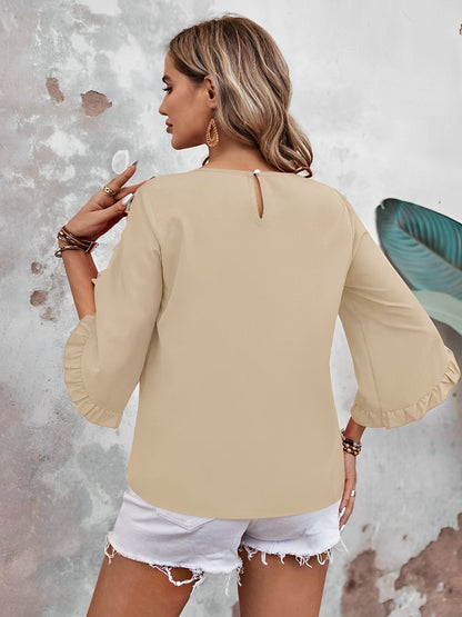 Round Neck Ruffled 3/4 Sleeve Solid Color Blouse