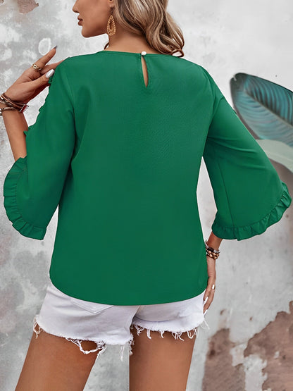 Round Neck Ruffled 3/4 Sleeve Solid Color Blouse