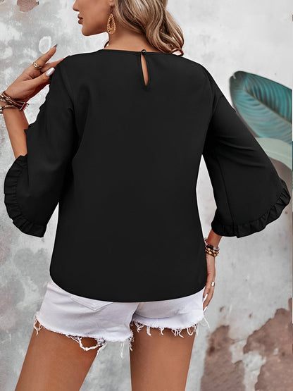 Round Neck Ruffled 3/4 Sleeve Solid Color Blouse