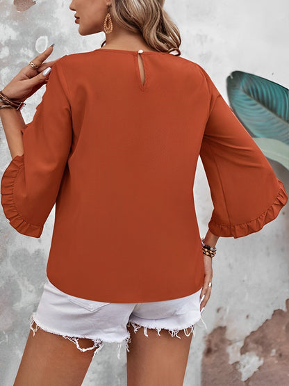 Round Neck Ruffled 3/4 Sleeve Solid Color Blouse