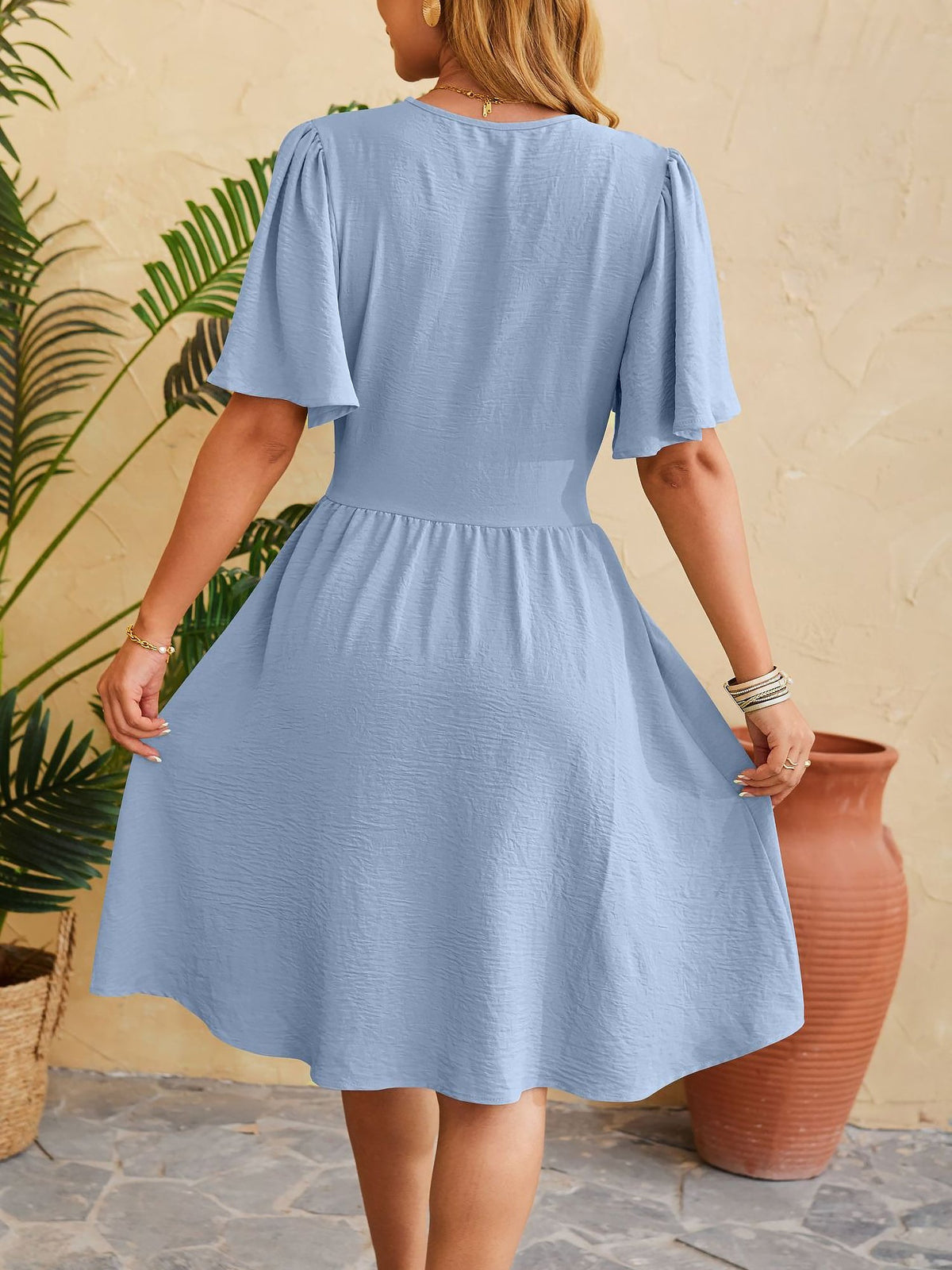 V Neck Flared Sleeves Ruched A-Line Midi Dress