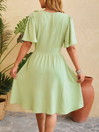 V Neck Flared Sleeves Ruched A-Line Midi Dress