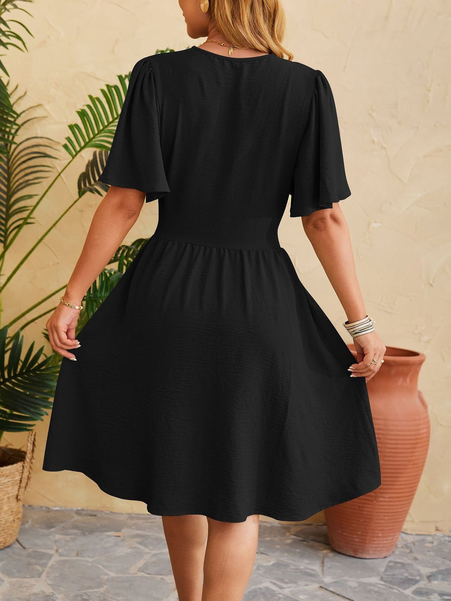 V Neck Flared Sleeves Ruched A-Line Midi Dress
