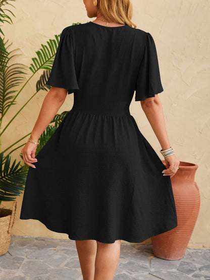 V Neck Flared Sleeves Ruched A-Line Midi Dress