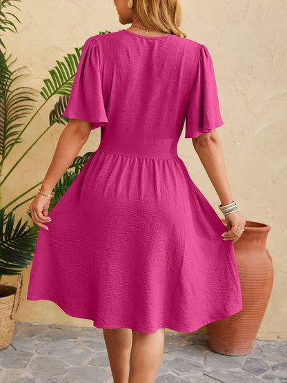 V Neck Flared Sleeves Ruched A-Line Midi Dress