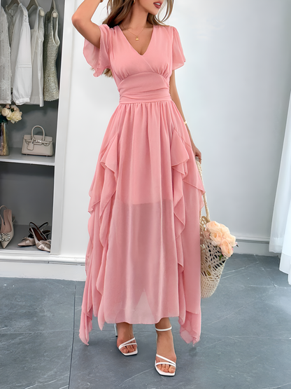 V Neck Ruffled Mesh Short Sleeve Maxi Dress