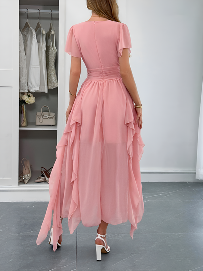 V Neck Ruffled Mesh Short Sleeve Maxi Dress