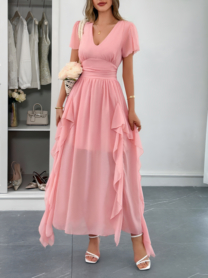 V Neck Ruffled Mesh Short Sleeve Maxi Dress