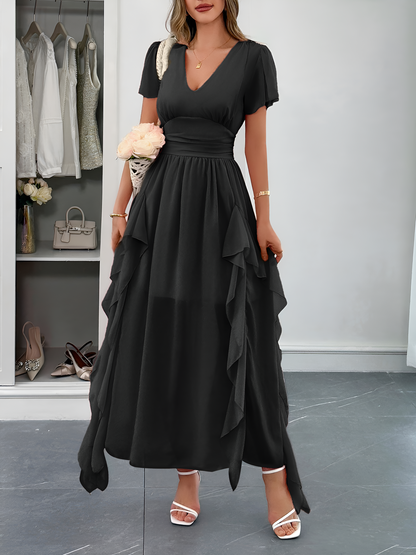 V Neck Ruffled Mesh Short Sleeve Maxi Dress