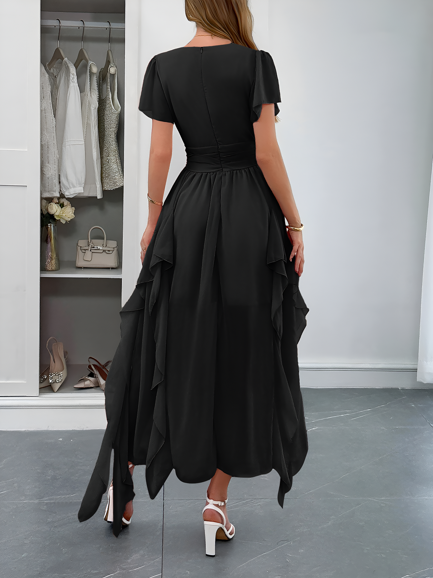 V Neck Ruffled Mesh Short Sleeve Maxi Dress
