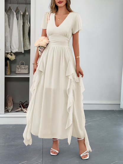 V Neck Ruffled Mesh Short Sleeve Maxi Dress