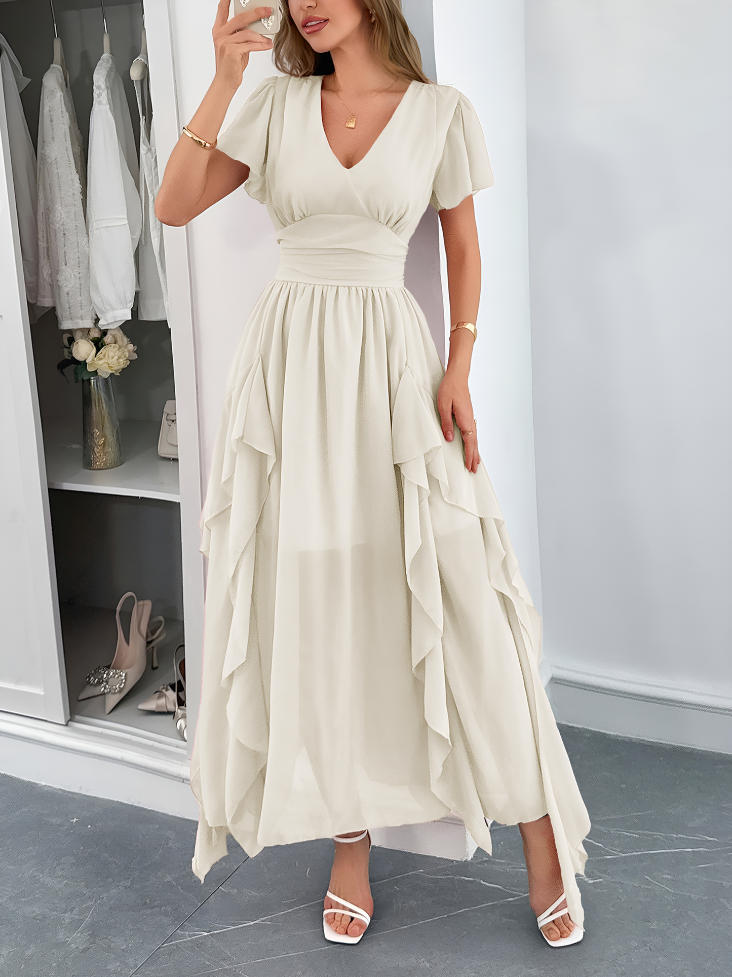 V Neck Ruffled Mesh Short Sleeve Maxi Dress