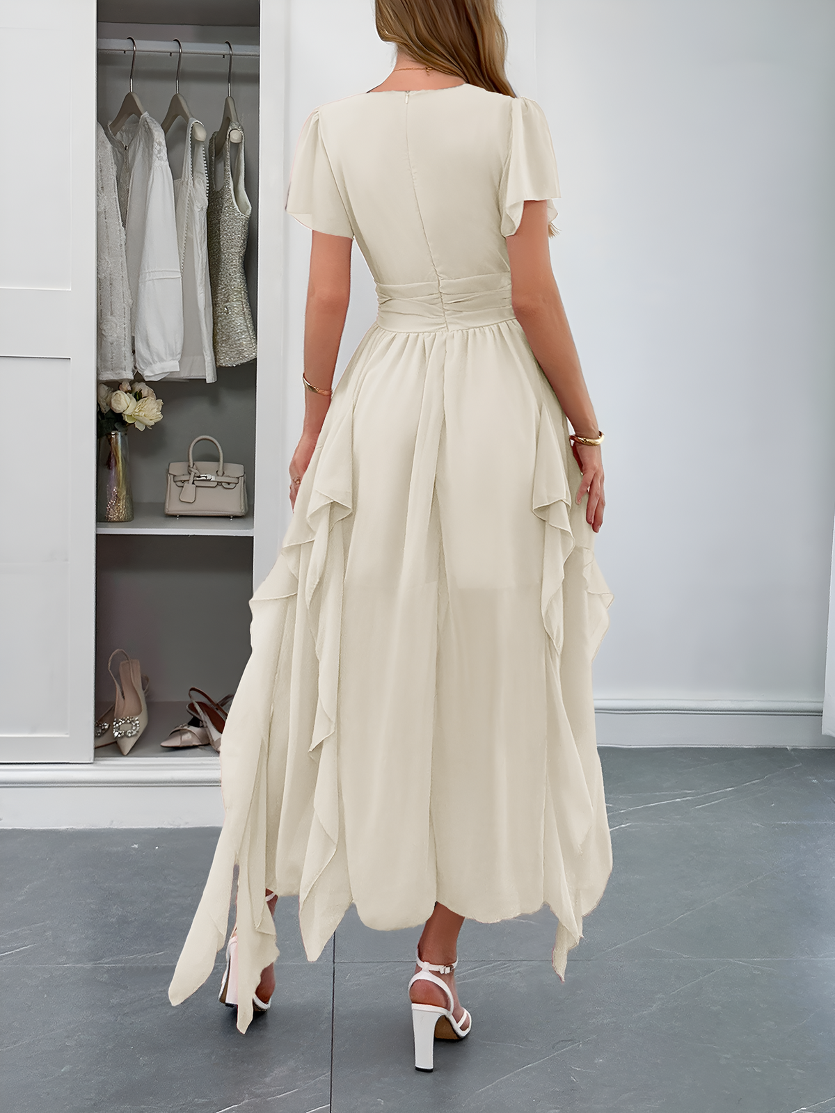 V Neck Ruffled Mesh Short Sleeve Maxi Dress