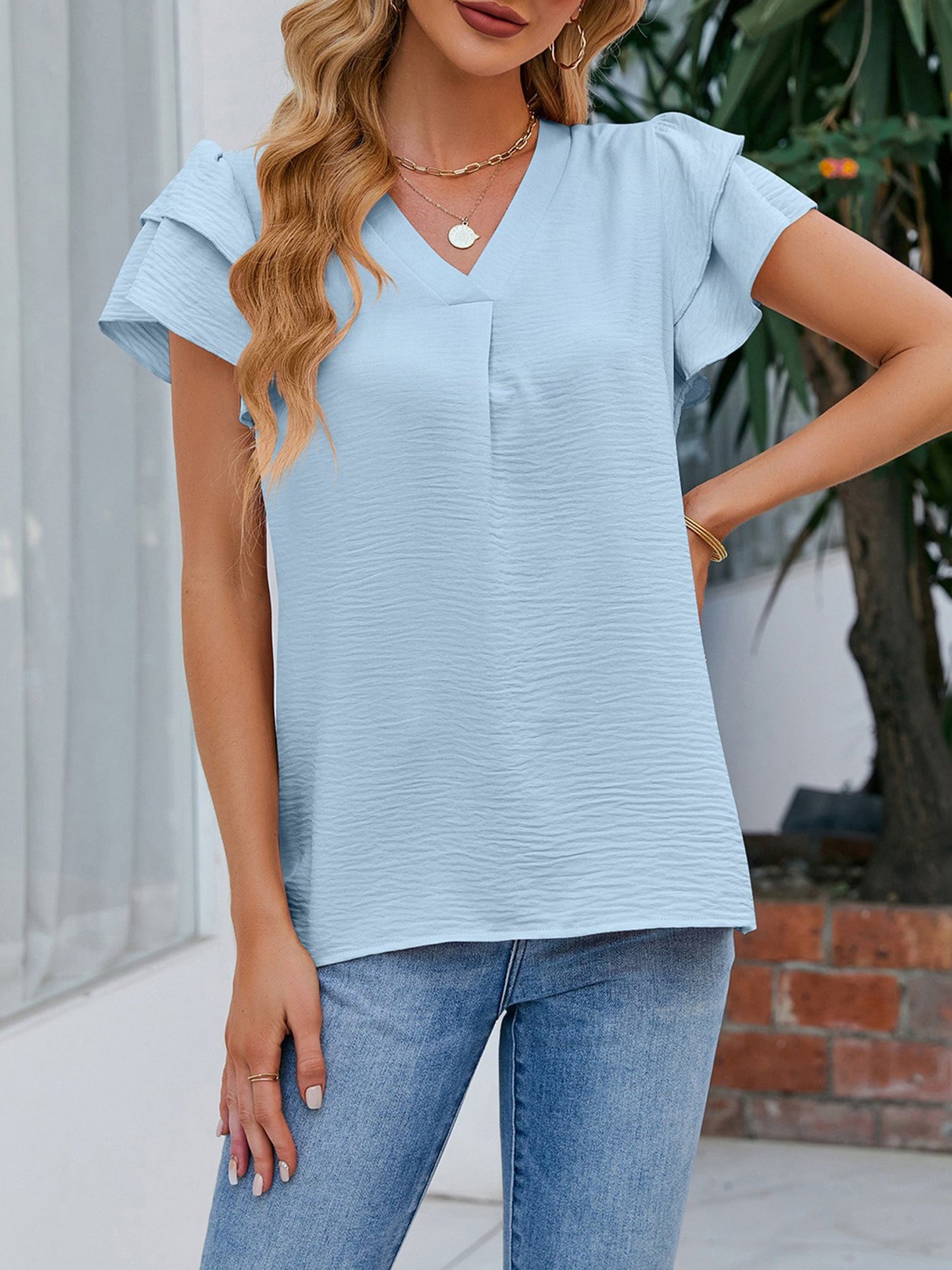 Short Sleeves V Neck Ruffles Chiffon Blouse