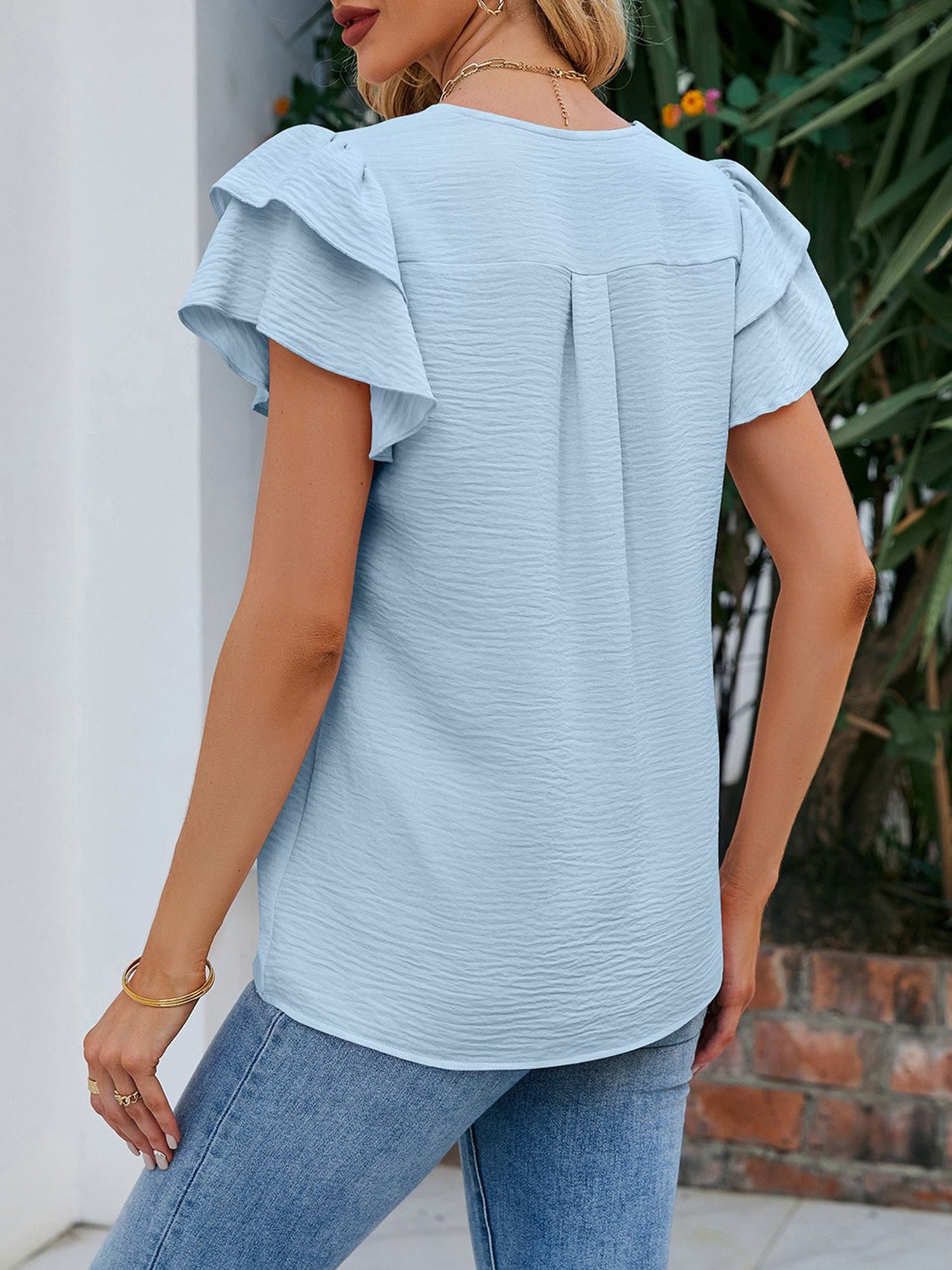 Short Sleeves V Neck Ruffles Chiffon Blouse