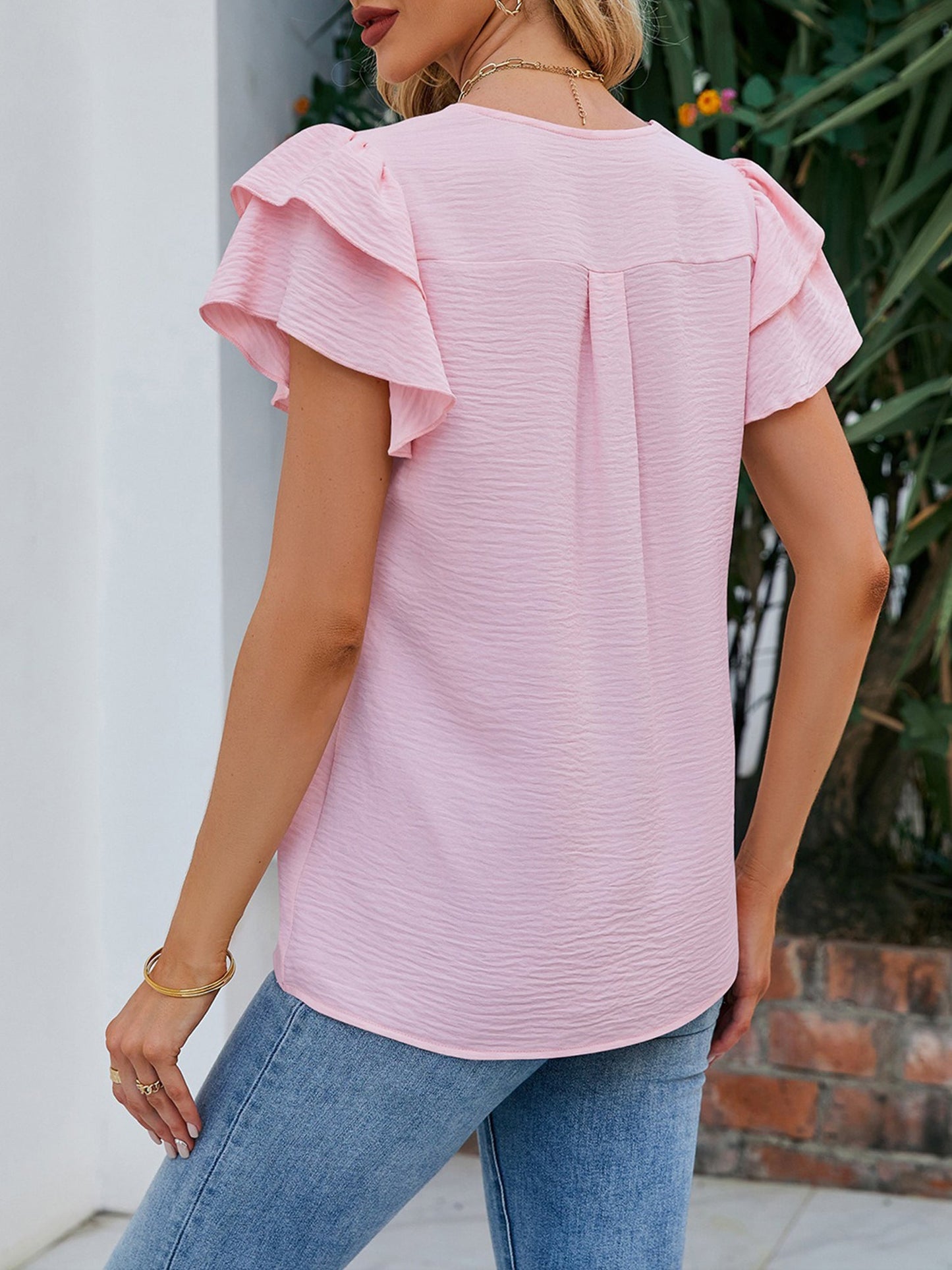 Short Sleeves V Neck Ruffles Chiffon Blouse