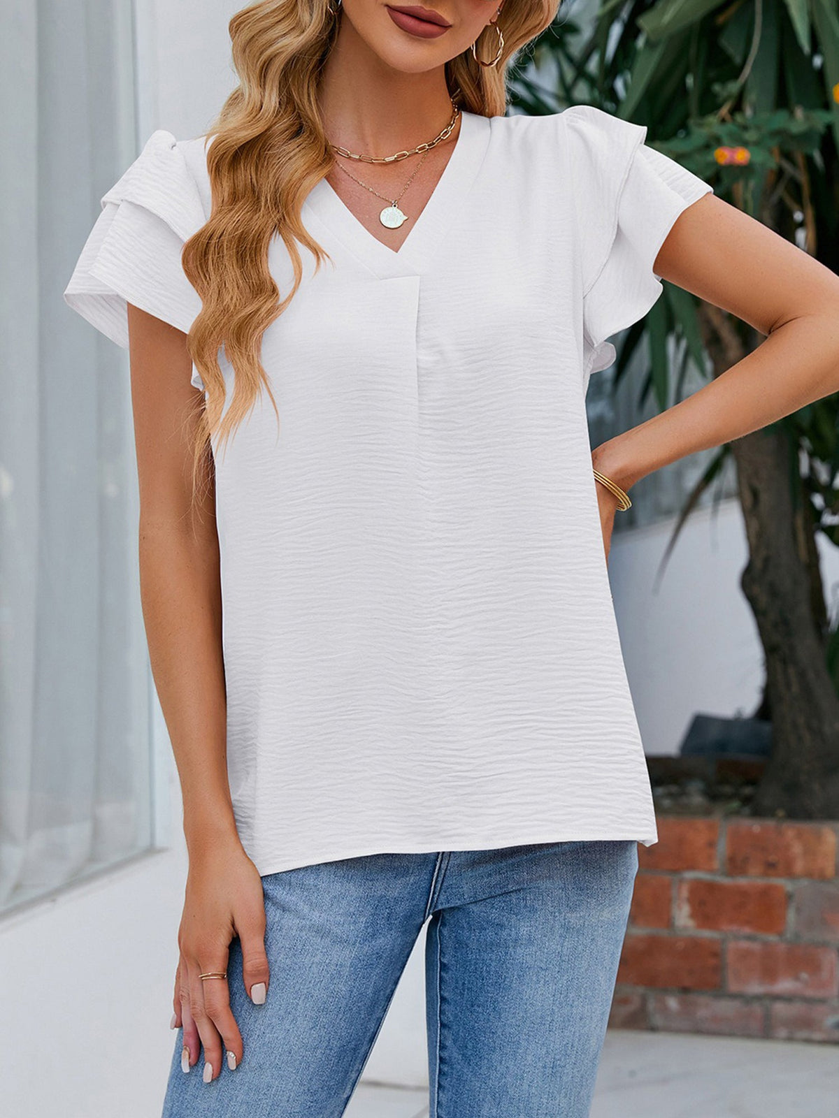 Short Sleeves V Neck Ruffles Chiffon Blouse