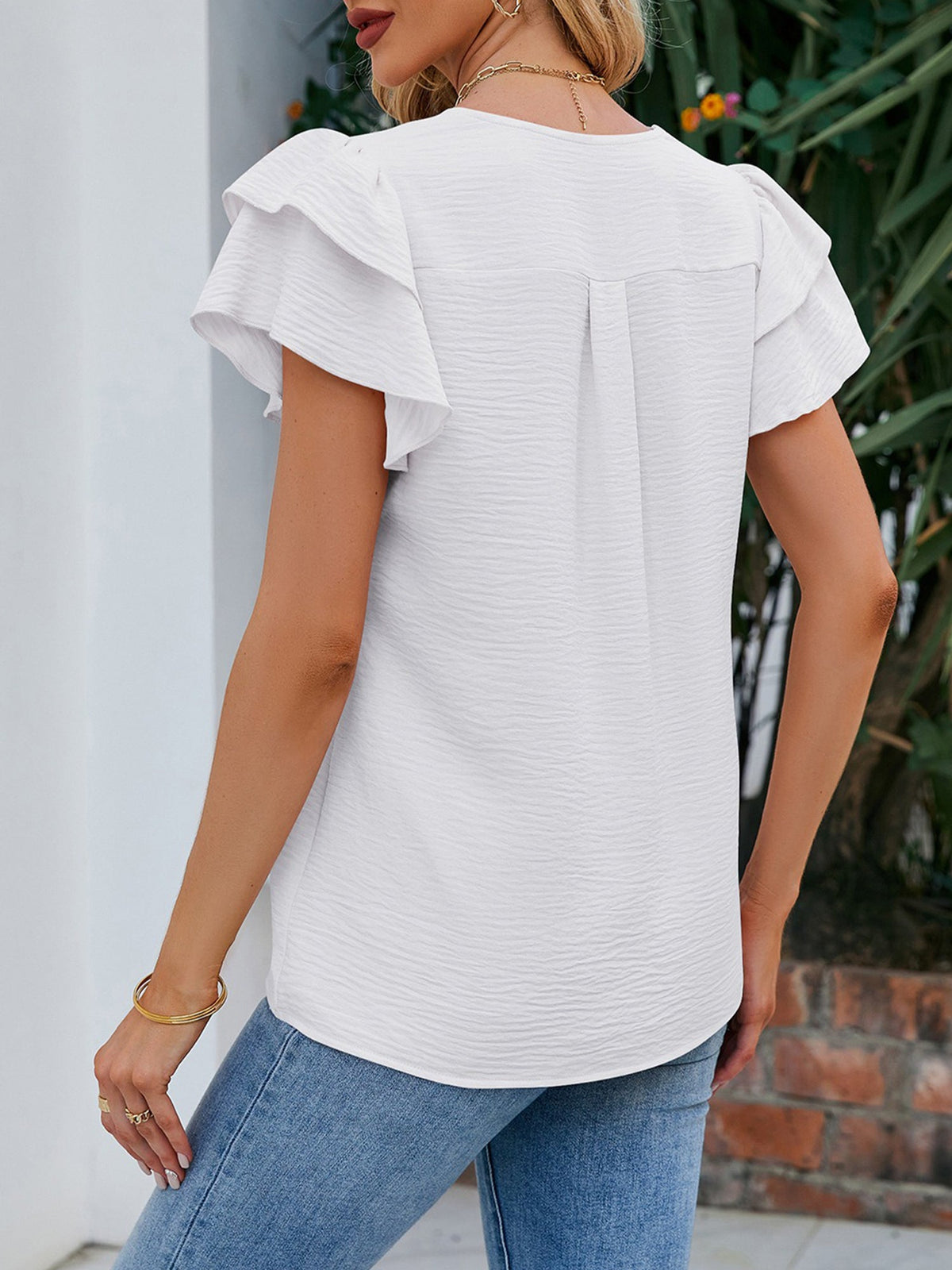 Short Sleeves V Neck Ruffles Chiffon Blouse