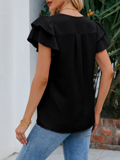 Short Sleeves V Neck Ruffles Chiffon Blouse