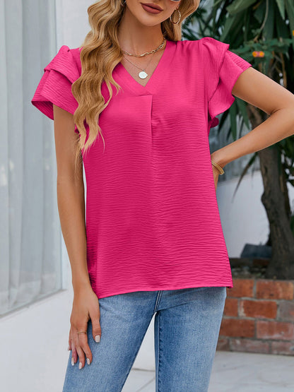 Short Sleeves V Neck Ruffles Chiffon Blouse