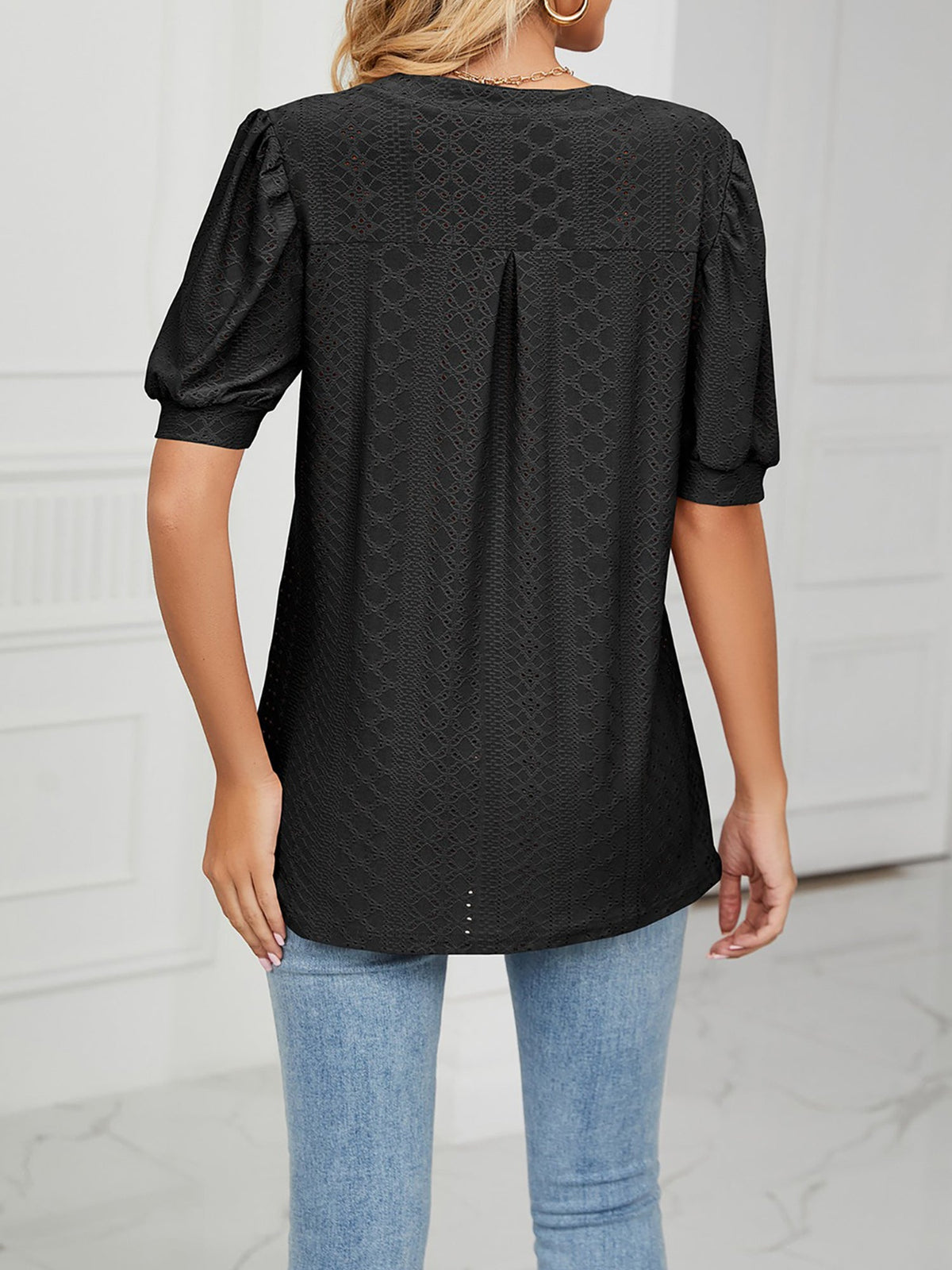 Notch Neck Solid Color Puff Sleeve Textured Blouse