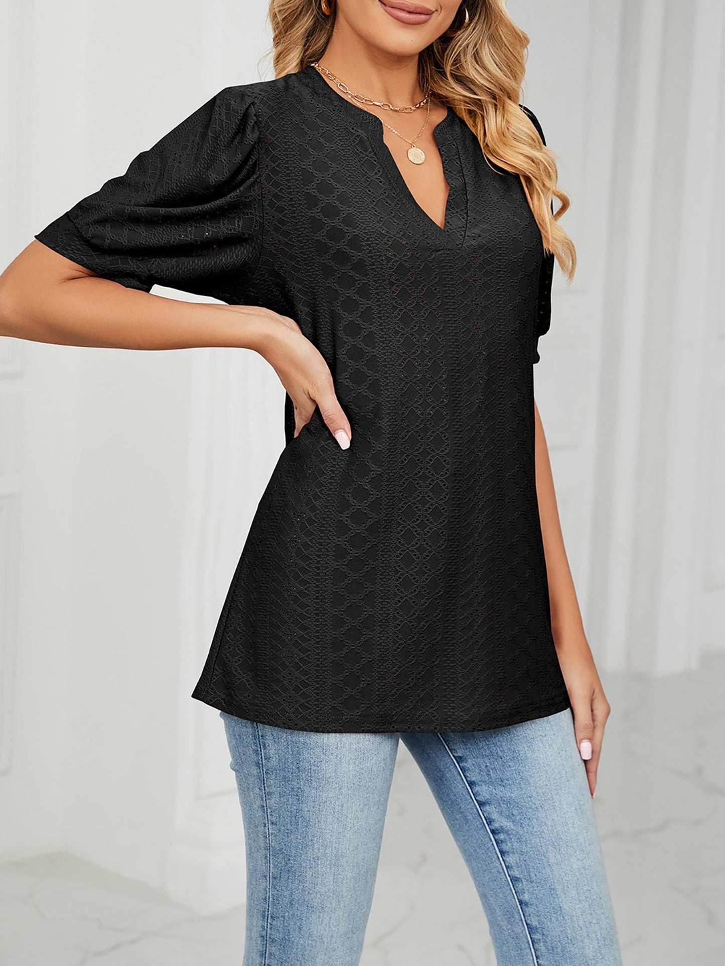 Notch Neck Solid Color Puff Sleeve Textured Blouse
