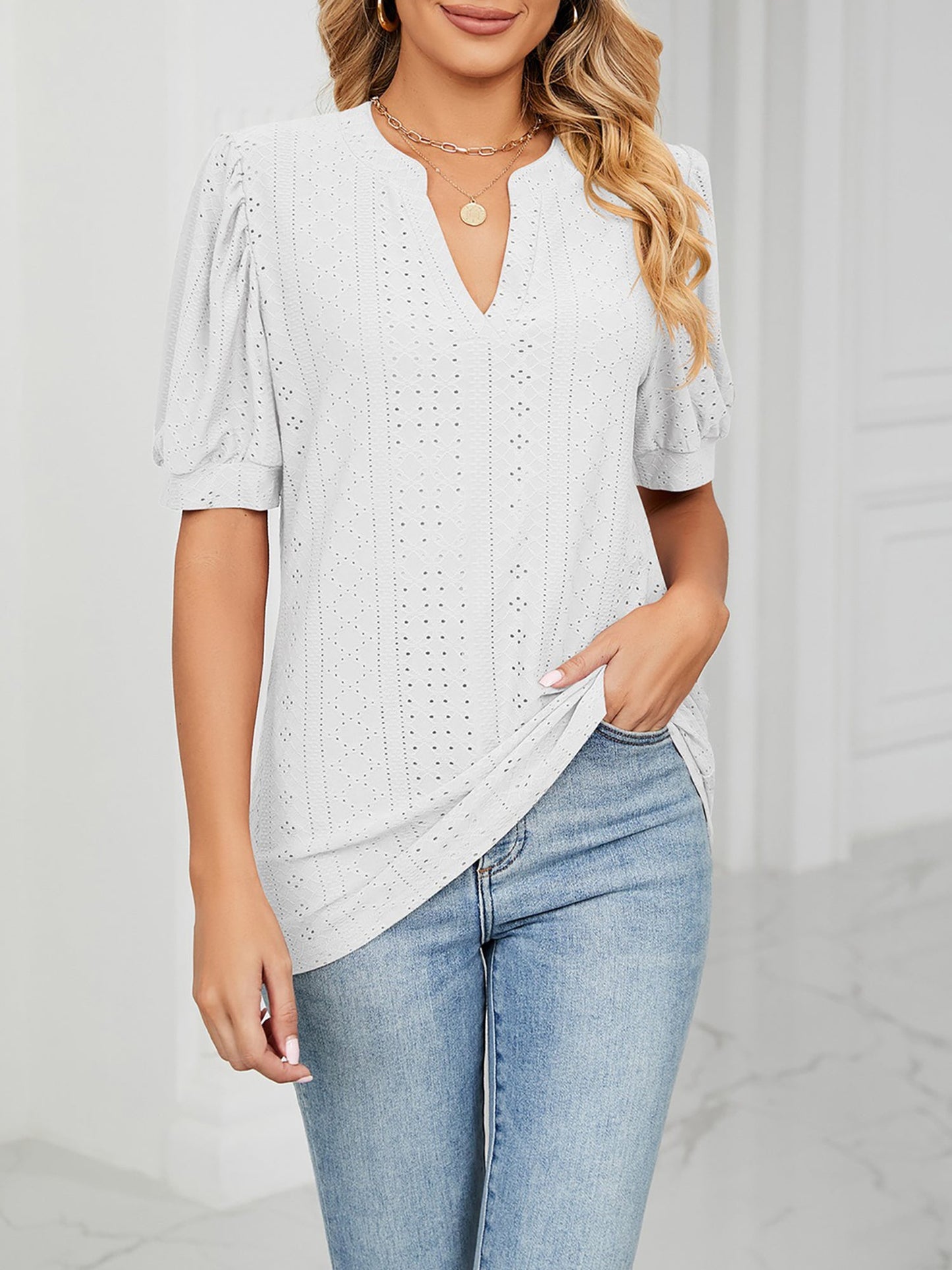 Notch Neck Solid Color Puff Sleeve Textured Blouse