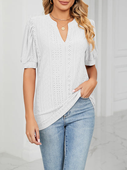 Notch Neck Solid Color Puff Sleeve Textured Blouse