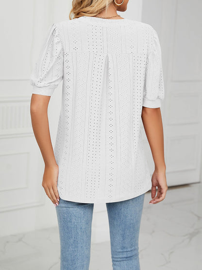 Notch Neck Solid Color Puff Sleeve Textured Blouse