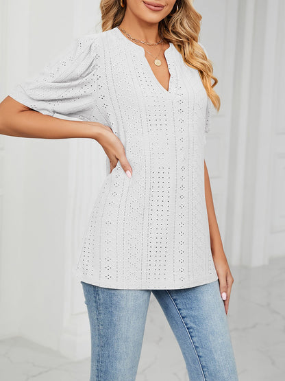 Notch Neck Solid Color Puff Sleeve Textured Blouse