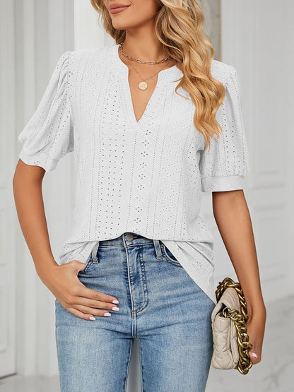 Notch Neck Solid Color Puff Sleeve Textured Blouse