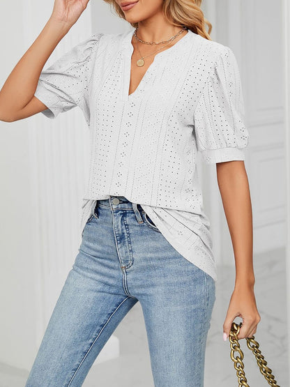 Notch Neck Solid Color Puff Sleeve Textured Blouse