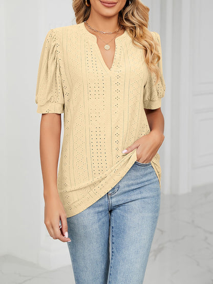 Notch Neck Solid Color Puff Sleeve Textured Blouse