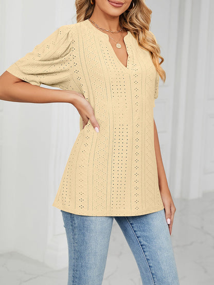 Notch Neck Solid Color Puff Sleeve Textured Blouse
