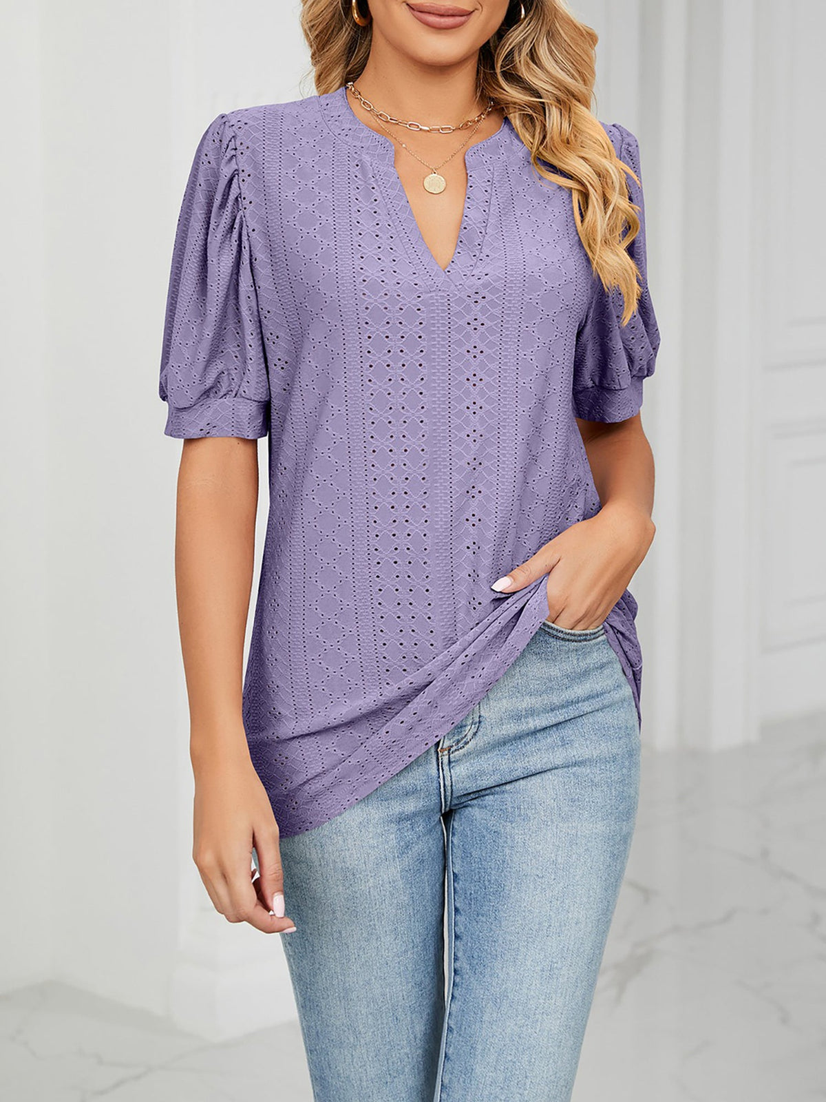 Notch Neck Solid Color Puff Sleeve Textured Blouse