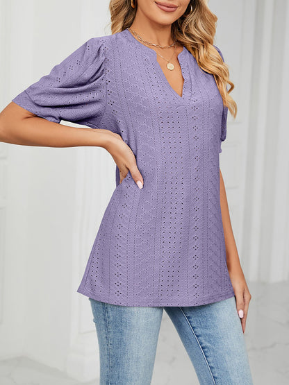 Notch Neck Solid Color Puff Sleeve Textured Blouse
