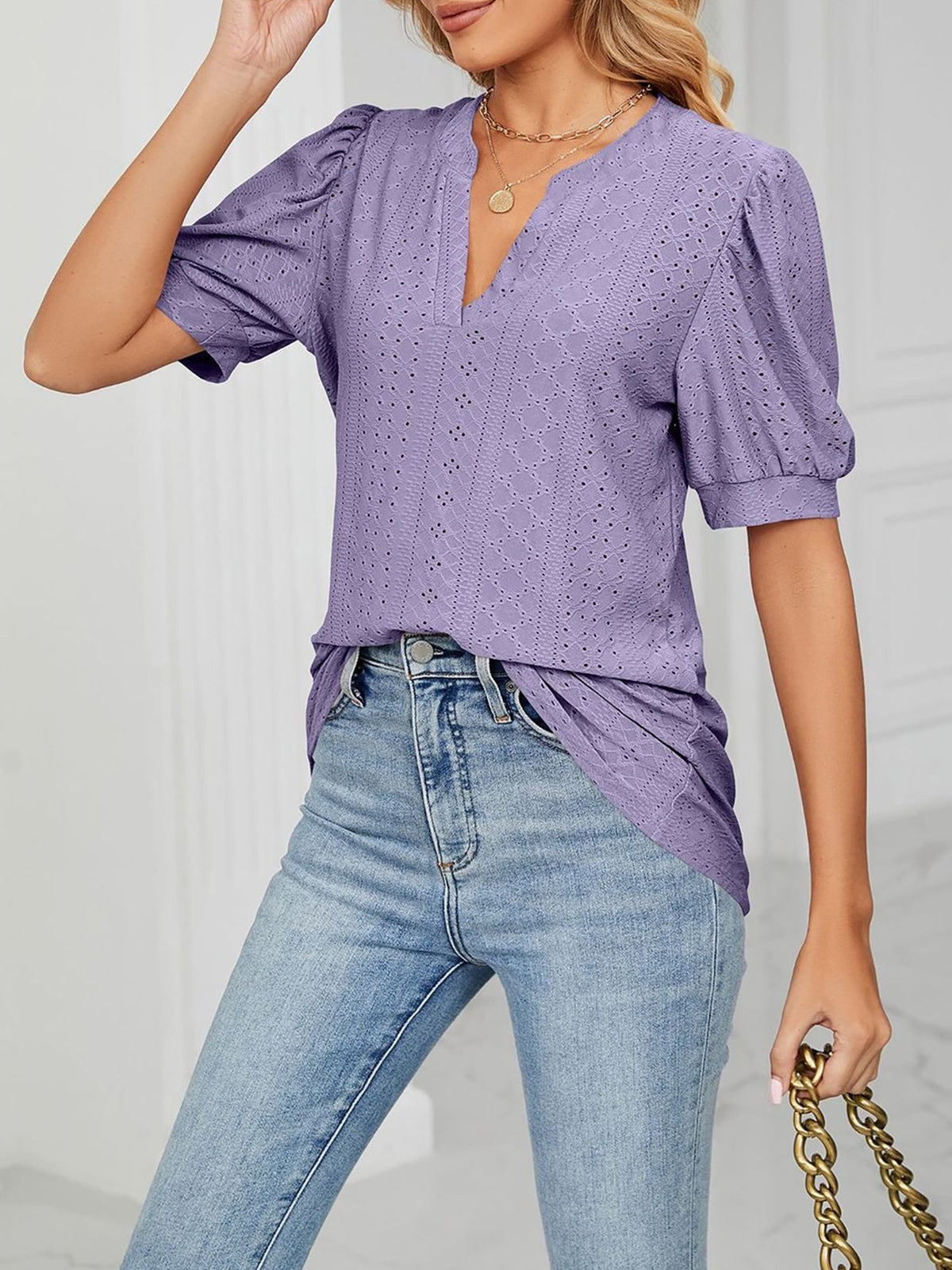 Notch Neck Solid Color Puff Sleeve Textured Blouse