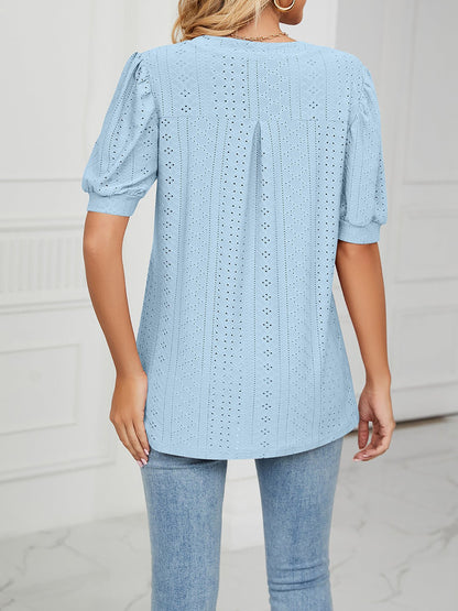Notch Neck Solid Color Puff Sleeve Textured Blouse