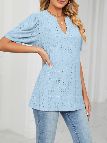 Notch Neck Solid Color Puff Sleeve Textured Blouse