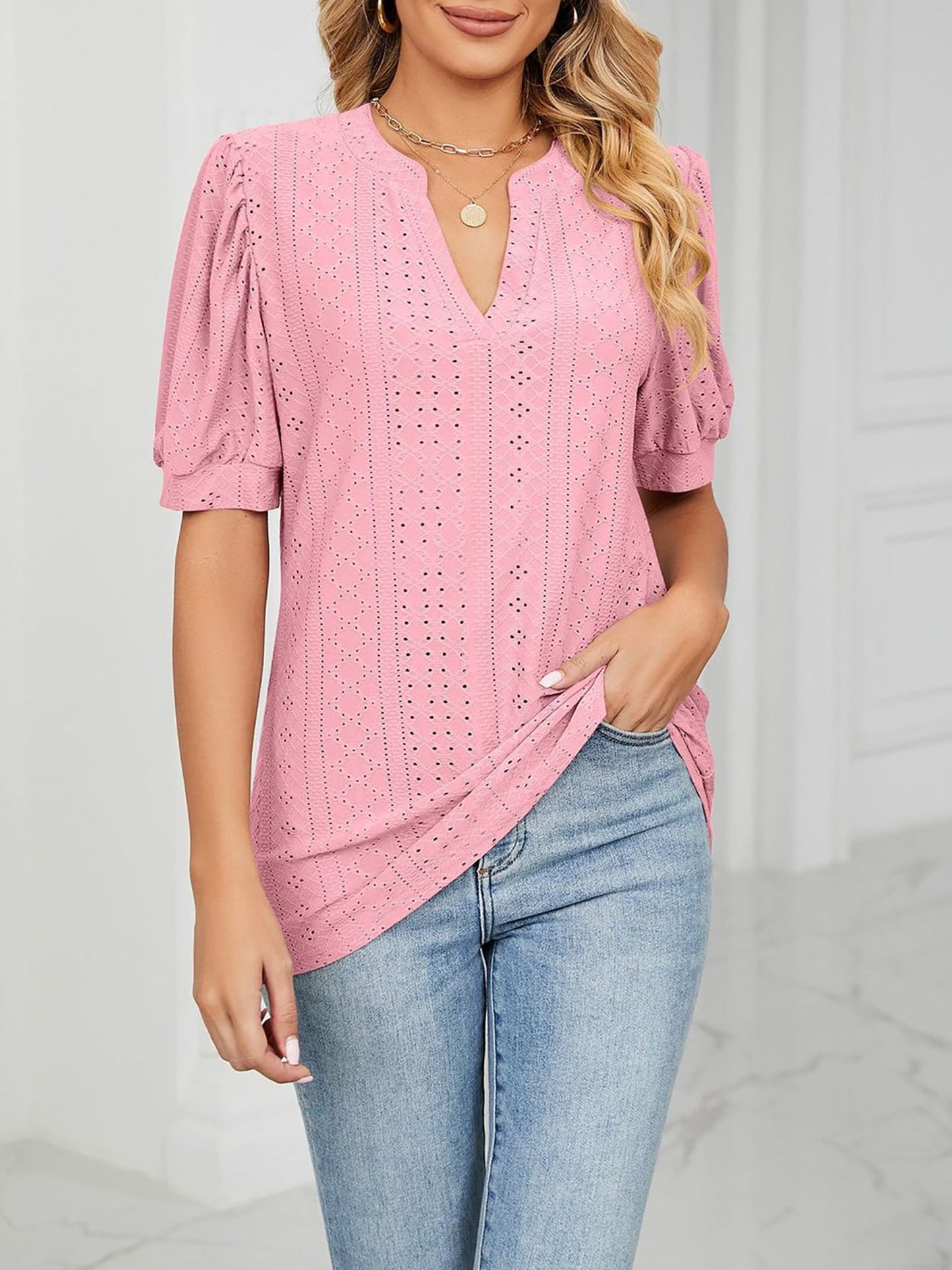 Notch Neck Solid Color Puff Sleeve Textured Blouse