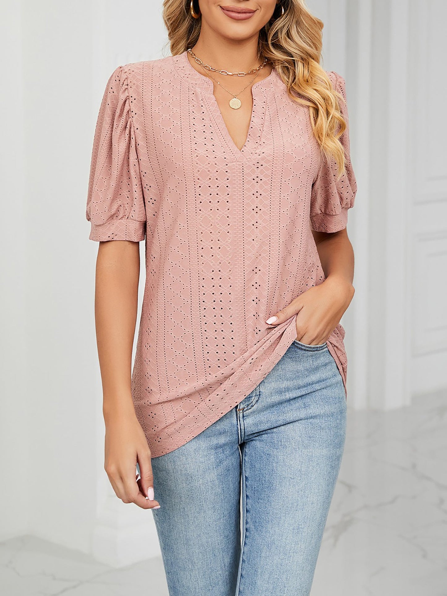 Notch Neck Solid Color Puff Sleeve Textured Blouse